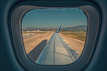 Fototapeta premium View from windows airplane, wing of jet plane prepare for landing to airport with generative ai