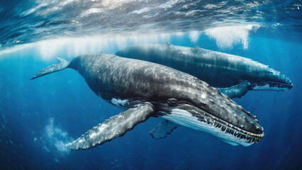 Naklejka premium Two humpback whales in the deep blue ocean.