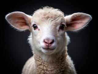 Obraz premium Adorable white lamb with soft fluffy fur and curious eyes poses on a black background, showcasing its innocence and gentle nature in a tranquil atmosphere.