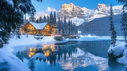 Fototapeta premium Fantastic winter landscape with snow covered fir trees and lake. Dramatic wintry scene. Beauty world.
