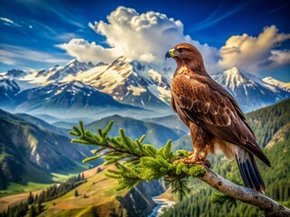 Fototapeta premium A majestic golden eagle perches serenely on a branch amidst a breathtaking mountainous landscape with snow-capped peaks and lush green meadows under a clear blue sky.