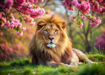 Obraz premium Regal lion lies majestically in a serene field of vibrant pink blossoms, surrounded by lush greenery, exuding elegance and refinement in a tranquil natural setting.