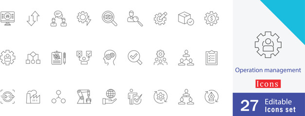 Set of Operation management simple line symbols art. containing  supply chain, manufacturing, planning, productivity, manufacturing, development plan, quality and more editable stroke 