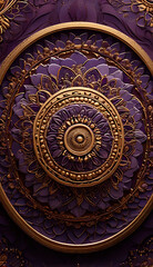 An intricate mandala design in shades of gold and deep purple, radiating outward in a circular pattern, perfect for a calming and spiritual mobile wallpaper