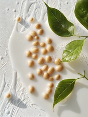 Soybeans in milk with green leaves.