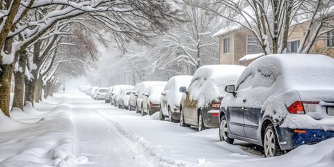 Fototapeta premium Cars parked on the side of the road covered in thick layer of snow during a snowstorm, winter, icy, snow-covered, vehicles