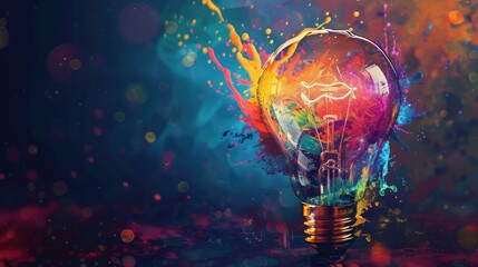 Conceptual abstract illustration in grangy style, with light bulb and colorful splashing shapes