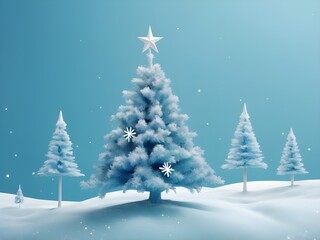 Obraz premium abstract pastel Creative layout with snowy Christmas tree, stars and snowflakes on bright blue background. Minimal winter nature holiday