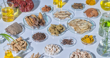 Sample photographs for laboratory studies with laboratory settings features a table filled with various herbs, roots, and lab equipment showcases the diversity of natural ingredients used in research.