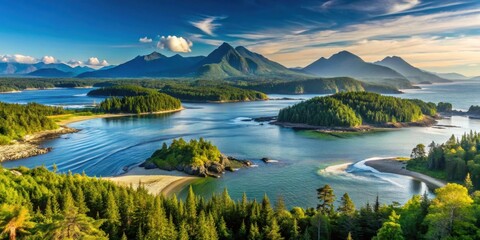 Fototapeta premium Landscape of Tofino covered in greenery surrounded by the sea in the Vancouver Islands, Canada , Tofino, greenery