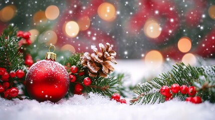 Festive Evergreen Christmas Ornaments Amid Snowy Winter Nature Scene