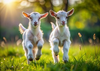Obraz premium Adorable little baby goats with fluffy fur and curious eyes frolic and playfully jump around a lush green meadow on a sunny day.