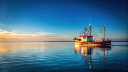 Lonely fishing trawler boat on calm ocean water, with clear skies and beautiful horizon , fishing, ship, trawler, boat, ocean, water