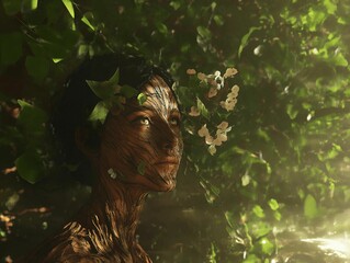 Obraz premium a zoomed scene shows a woman’s face merging with nature. she wears a crown made of green leaves and branches are starting to integrate into her face like veins.