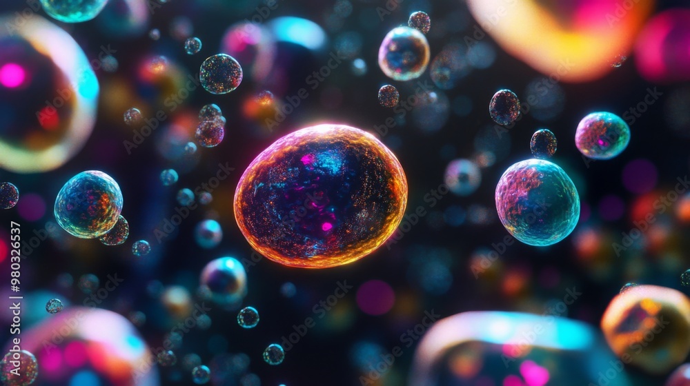 Poster Microscopic bubbles float gracefully against a dark backdrop, illuminated by colorful reflections, creating a mesmerizing, surreal atmosphere akin to a dreamlike world.
