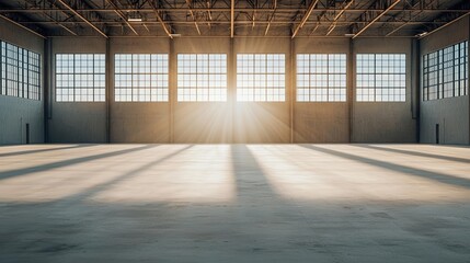 Large, vacant warehouse with sunlight streaming through windows, ideal for industrial, logistics, or storage concepts