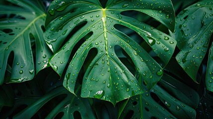 A close-up of monster leaves with water droplets and the care of tropical houseplants.