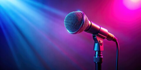 Obraz premium Band stage microphone with pink and blue lighting , music, concert, stage, performance, microphone, spotlight, colorful, vibrant, entertainment
