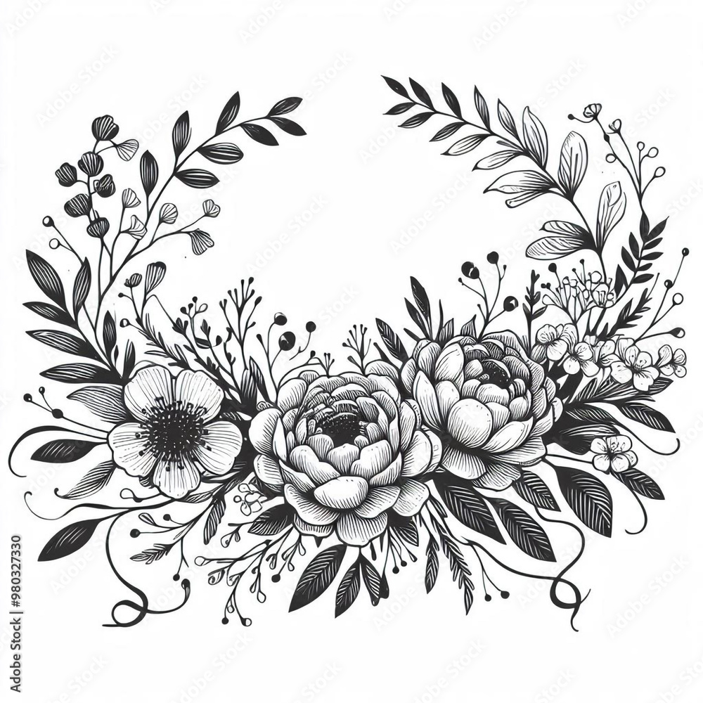 Canvas Prints Floral Invitation Template for Your Wedding - Black and White Illustration
