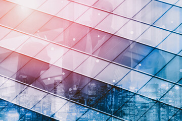 Double exposure image of faded business abstract background with office building and people...