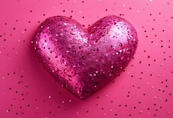 Obraz premium Pink Glitter heart on Pastel pink background, Valentine's Day, Rewards, Banner, Background, Sale, With copy space for text, Sparkling, love, romantic, Greeting card invite, border HD, illustration