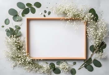 Eucalyptus leaves and baby breath flowers boarder on white background with copy space for text, baby shower, Wedding, invitation card, banner background, greeting, natural, white and green 