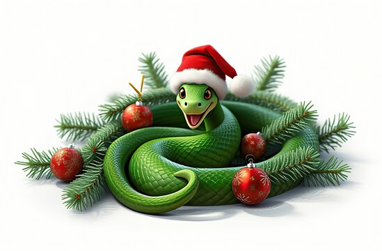 On a white clean background, a close-up lies a green snake curled up in the shape of a Christmas tree, on the head of the snake there is a red cap with white fur, the body of the snake is decorated