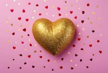 Fototapeta premium Gold Glitter heart on Pastel pink background, Valentine's Day, Rewards, Banner, Background, Sale, With copy space for text, Sparkling, love, romantic, Greeting card invite, border HD, illustration