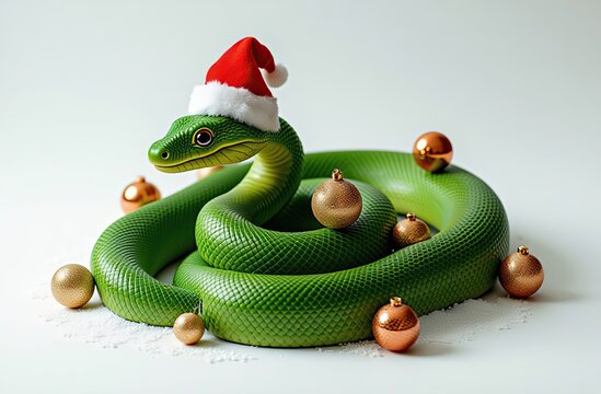 On a white clean background, a close-up lies a green snake curled up in the shape of a Christmas tree, on the head of the snake there is a red cap with white fur, the body of the snake is decorated