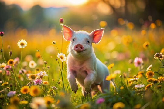 Adorable piglet twirls with delight amidst vibrant blooming flowers in a sunny meadow, capturing the essence of pure joy and carefree innocence on National Pig Day.