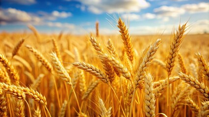 Fototapeta premium Closeup of golden ears of wheat in a vast wheat field , harvest, agriculture, crop, farming, rural, countryside, landscape