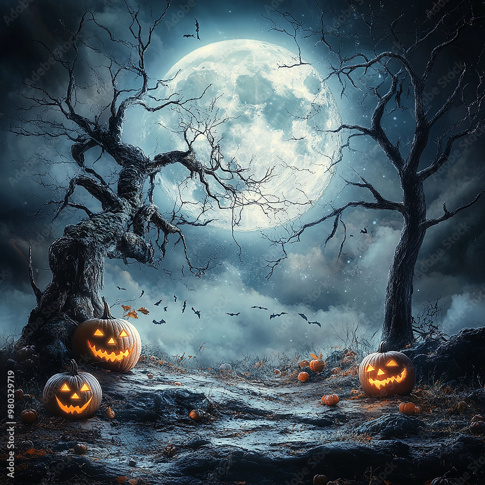 Canvas Prints poster for a halloween theme with a full moon and pumpkins