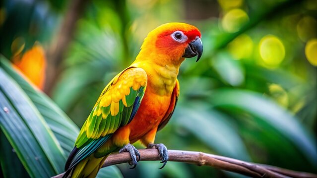 Vibrant orange, yellow, and green plumage glistens on a stunning parrot perched on a jungle branch, surrounded by a soft blur of lush emerald foliage.