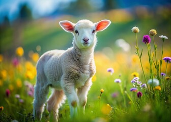 Fototapeta premium Adorable little lamb with fluffy white fur and curious expression stands alone in a vibrant green meadow dotted with colorful wildflowers on sunny day.