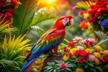 Vibrant macaw perches amidst lush tropical blooms, its iridescent plumage shimmering against a kaleidoscope of floral hues, surrounded by delicate ferns and vines.