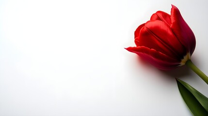 Fototapeta premium Isolated single red tulip on a white background with soft shadowsThe simplicity and bold color make it ideal for minimalist or modern designs, offering plenty of copy space