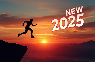 New Year 2025, Inspiration and progress towards new success. Silhouettes of human jumping over cliff towards finish line with text new year 2025 on sunset beautiful 