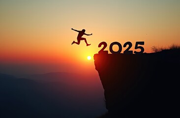 New Year 2025, Inspiration and progress towards new success. Silhouettes of human jumping over cliff towards finish line with text new year 2025 on sunset beautiful 