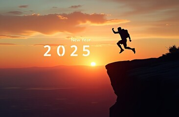 New Year 2025, Inspiration and progress towards new success. Silhouettes of human jumping over cliff towards finish line with text new year 2025 on sunset beautiful 
