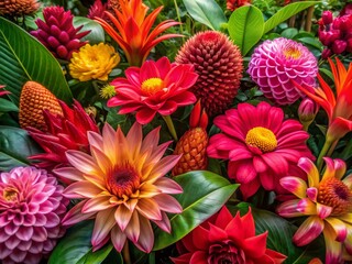 Vibrant botanical background featuring exotic flowers in shades of pink, red, orange, yellow, and pink-red hues, surrounded by lush green leaves.