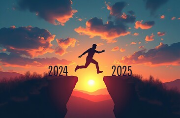 New Year 2025, Inspiration and progress towards new success. Silhouettes of human jumping over cliff towards finish line with text new year 2025 on sunset beautiful 