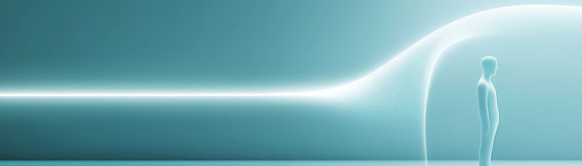 A conceptual design showing quiet room being invaded by light, creating serene atmosphere. minimalist figure stands in contemplation, embodying tranquility and introspection