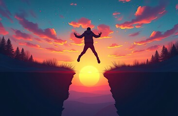 New Year 2025, Inspiration and progress towards new success. Silhouettes of human jumping over cliff towards finish line with text new year 2025 on sunset beautiful 