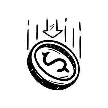 Hand drawn doodle of a falling dollar coin with a downward arrow. Sketch style icon representing financial decline, cost reduction, price drop. Perfect for business, finance, economic illustrations