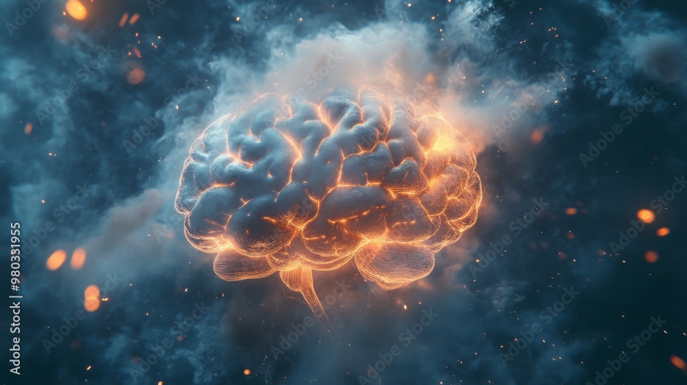 Poster a brain made of glowing energy floats amidst dark clouds and vibrant sparks, symbolizing the power o