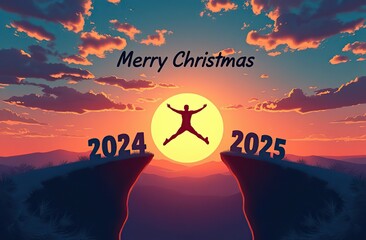 New Year 2025, Inspiration and progress towards new success. Silhouettes of human jumping over cliff towards finish line with text new year 2025 on sunset beautiful 
