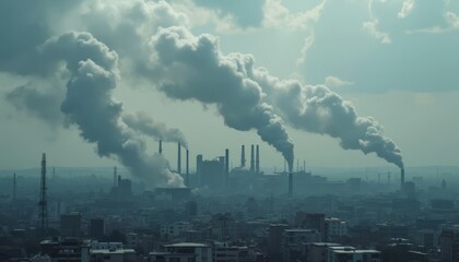 Merging Factory Smoke and Clouds Above a City, Symbolizing Industrial Impact