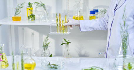 Herbal lab scene with scientist is holding a rack containing test tubes filled with yellow liquid. The table is filled with various laboratory equipments and plants in glass vials.