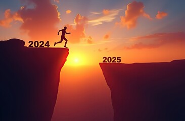 New Year 2025, Inspiration and progress towards new success. Silhouettes of human jumping over cliff towards finish line with text new year 2025 on sunset beautiful