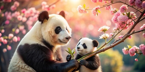 Obraz premium Adorable baby panda presents bamboo bouquet to loving mother amidst vibrant cherry blossom trees, symbolizing heartfelt gratitude and maternal love on special day.